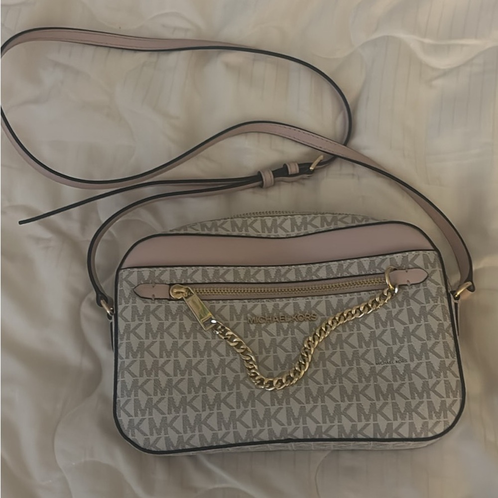 Michael Kors Monogram Crossbody Bag in Gray and Pink